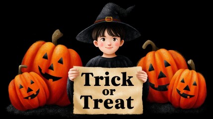 Cute Witch Holding a Trick or Treat Sign Surrounded by Pumpkins in a Festive Halloween Scene