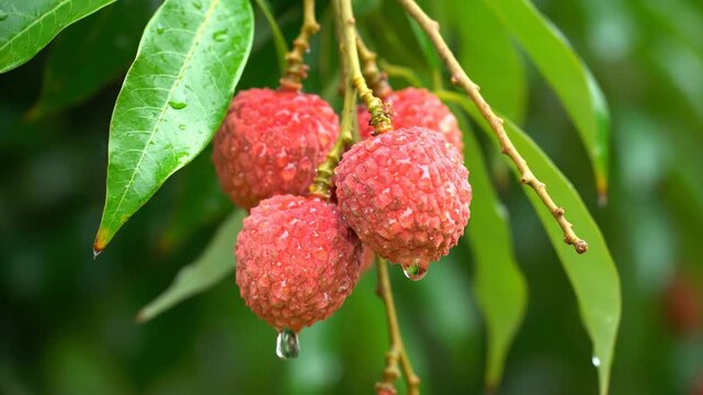 Fresh Lychees on Branch with Leaves - A close-up shot showcases a cluster of ripe lychees hanging from a branch, adorned with vibrant green leaves.