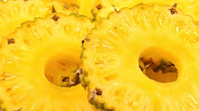 Fresh Pineapple Slices Background - Close-up of vibrant yellow pineapple slices. The video highlights the texture and freshness of the tropical fruit.