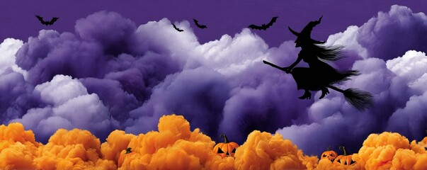 Silhouette of a Flying Witch on a Broom Over Colorful Clouds at Twilight with Halloween Elements