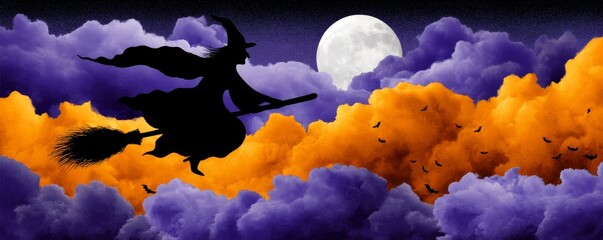 Silhouette of a Flying Witch on a Broomstick Against Colorful Clouds and Full Moon at Night