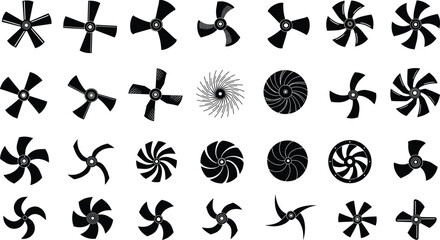 Flat vector turbine collection, circular fan blade icons, abstract rotor symbols, propeller designs, industrial ventilation patterns, energy airflow graphics, mechanical rotation set