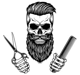 Barbershop Skull Mascot with Hipster Beard, Scissors, and Comb, barbershop, skull, beard, hipster, grooming