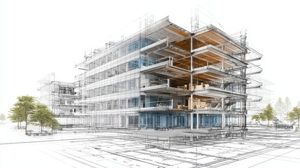 Building design evolving from a detailed architectural sketch blueprint to a visible modern structure and interior, illustrating the construction process and urban development