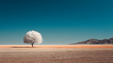 Isolated tree with white foliage stands against a blue sky over a stark landscape.