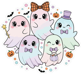 Happy Ghosts and Skeleton with Pumpkins and Bats