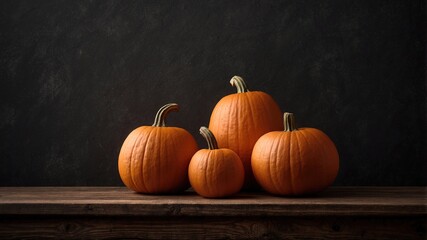 Naturaleza muerta otoñal: calabazas pequeñas distribuidas en patrón orgánico sobre tabla rústica, vista superior frontal, iluminación suave y espacio negativo perfecto para textos publicitarios.