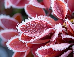 Frosty red leaves close-up