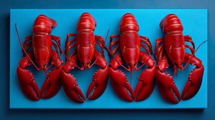 Red lobsters arranged on blue surface
