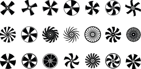 Flat vector turbine icons, circular fan symbols, abstract rotor shapes, black and white propeller designs, industrial ventilation patterns, energy airflow graphics © fmfahim creatives