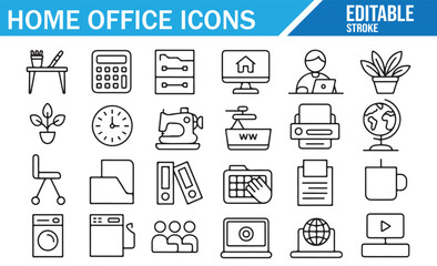 Office at home symbols — editable stroke computer and desk collection