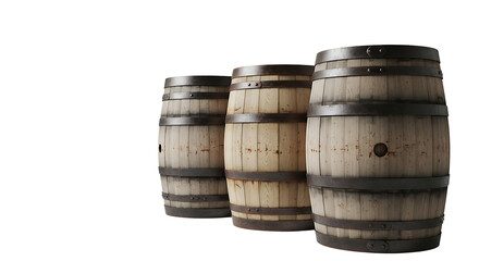 Fototapeta premium Three wooden barrels lined up isolated on transparent background