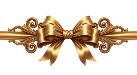 Elegant golden ribbon bow with ornate scrollwork isolated on transparent background