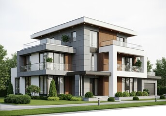 Modern luxury three story residential house isolated on white background