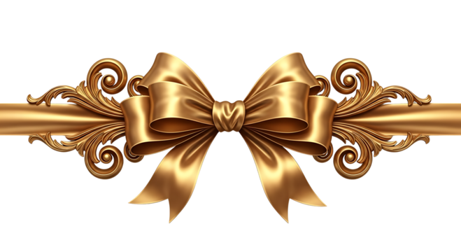 Elegant golden ribbon bow with ornate scrollwork isolated on transparent background