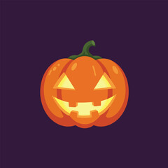 Vibrant Halloween jackolantern pumpkin with an illuminated spooky face, glowing brightly on a dark night.