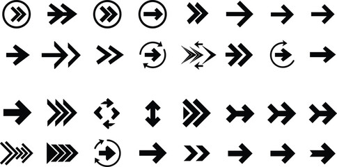 Collection of black arrow icons on white background with various designs Keywords: arrow, direction