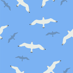 Seamless pattern with flying seagulls on blue sky or water surface background