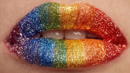Lips adorned with vibrant glitter in a rainbow pattern capture attention during a lively LGBTQ event. The colorful design symbolizes inclusivity and self-expression celebrating diversity.