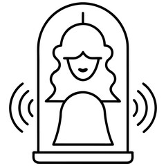 Minimalist icon of a woman under glass with communication signals representing digital connection and communication technology
