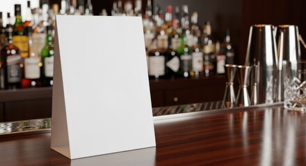 Blank white table tent display on a polished bar counter with shelves of bottles behind