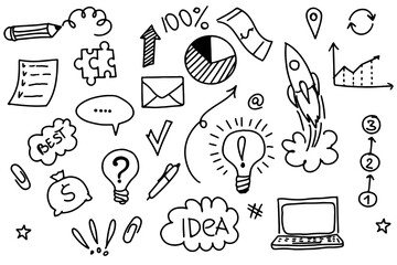 Hand-drawn sketch elements for startup, project, goal, and teamwork. Business flow chart, idea, development, rocket, growth marketing concept. Vector