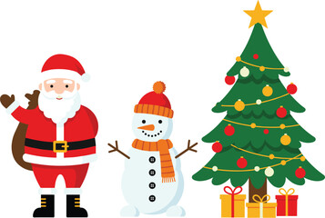 Santa Claus with gift bag, snowman in winter hat, decorated Christmas tree with presents, festive holiday cartoon illustration
