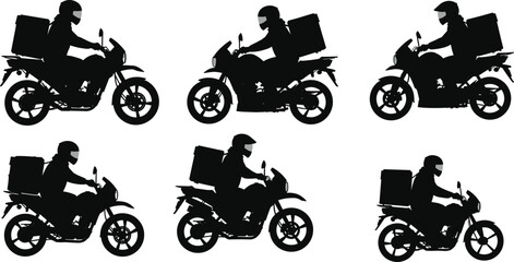Obraz premium PrintSilhouette of delivery man on motorcycle with helmet, courier service rider, fast food delivery, express transport, logistic motorbike illustration