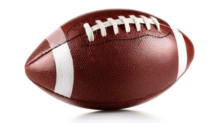 A detailed American football with a textured surface and white laces stands on a plain white background. The focus highlights its shape and stitching perfectly.