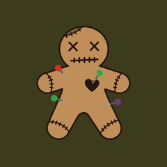 Spooky Voodoo doll with colorful pins stuck in its body, featuring stitched eyes and a dark heart, perfect for Halloween decorations or supernatural themes.