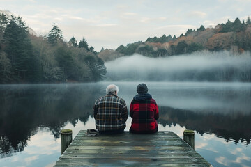 Two seniors sit on a wooden dock, reflecting on a misty lake, surrounded by trees