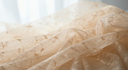 Elegant Beige Marble Pattern Fabric with Sheer Texture in Soft Natural Light