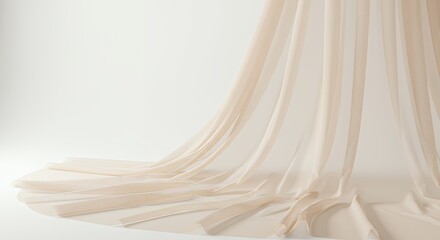 Elegant Beige Satin Curtain Draped Over White Background for Interior Decor