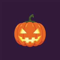 Traditional Halloween carved pumpkin jack-o-lantern with a spooky glowing face isolated on a dark purple background.