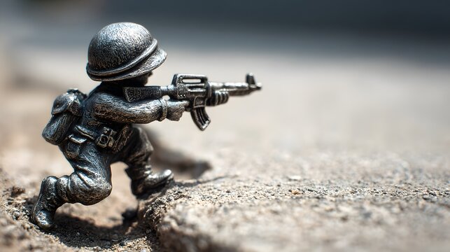 Miniature figurine depicting a soldier in a combat stance, aiming their weapon while navigating a textured surface, showcasing detailed craftsmanship with selective focus on the figure. - Powered by Adobe