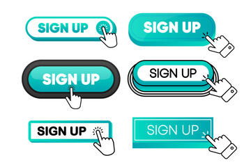 SIGN UP green 3D button collection with mouse pointer clicking. White background. Vector illustration.