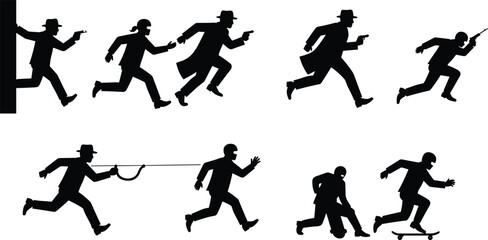 PrintSilhouette spy detective chasing criminal, running with gun, rope, skateboard, secret agent action, mystery pursuit, crime investigation, espionage adventure scene