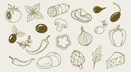 Pizza. Ingredients. Italian Food. A hand drawn vector doodle set of classic pizza and pasta toppings for a pizzeria menu, a recipe book, a food blog, or a restaurant's branding design.