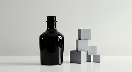 Black Glass Bottle with Gray Cubes on White Surface Minimalist Modern Still Life