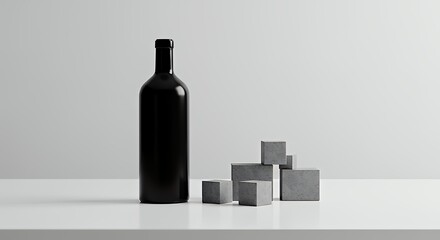 Black Bottle Standing Next to Gray Concrete Blocks on White Surface