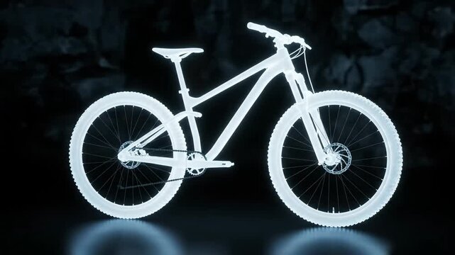Ghostly White Mountain Bike Design - An abstract digital video of a white mountain bike, video in a glowing, translucent style. The bike is set against a dark, textured background.