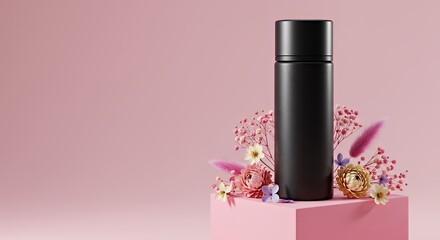 Black Stainless Steel Thermos Bottle with Pink Floral Decoration on Light Pink Background