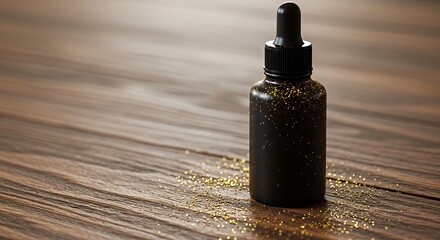 Black Dropper Bottle with Gold Glitter on Wooden Surface in Studio