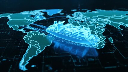 Global Shipping and Logistics Visualization - A digital illustration of a container ship sailing across a world map. - Powered by Adobe