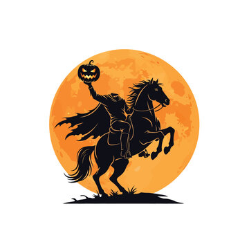 Headless Horseman silhouette riding a majestic horse with a glowing pumpkin head against an ominous full moon for Halloween night.