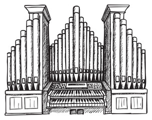Obraz premium Intricate pipe organ sketch with keyboards and pipes in detailed black and white drawing – retro hand drawn illustration