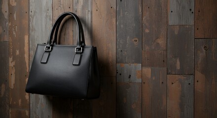 Black Leather Handbag Hanging on Wooden Wall in Rustic Style