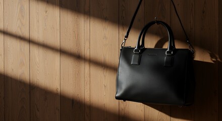 Black Leather Handbag Hanging on Wooden Wall with Shadow Light Modern Minimalist Accessory