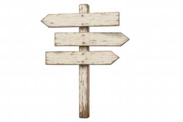 Weathered wooden signpost with three blank arrows pointing different directions presenting concept of choice and guidance