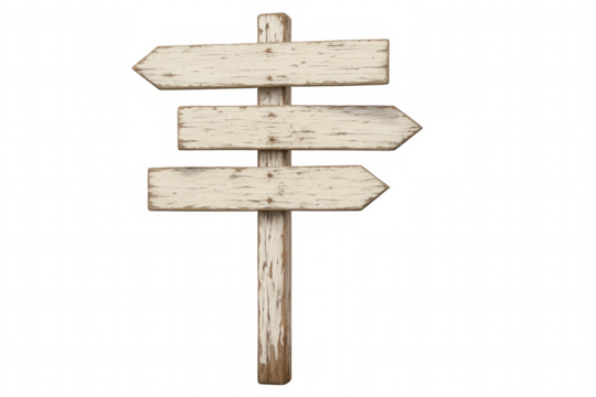 Weathered wooden signpost with three blank arrows pointing different directions presenting concept of choice and guidance